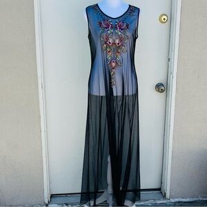 Johnny Was Black Sheer Maxi Dress with Floral Embroidery in Front. NWOT